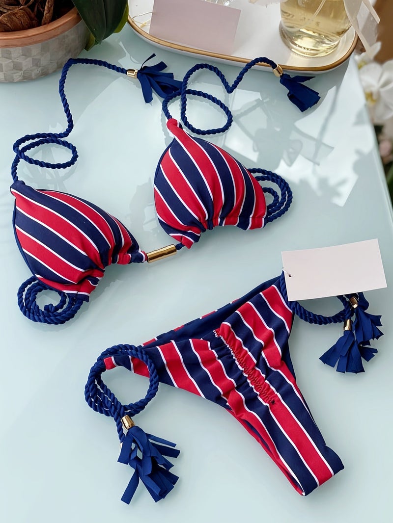Printed Fabric Rope Bikini Triangle Swimsuit Swimwear - Image 1